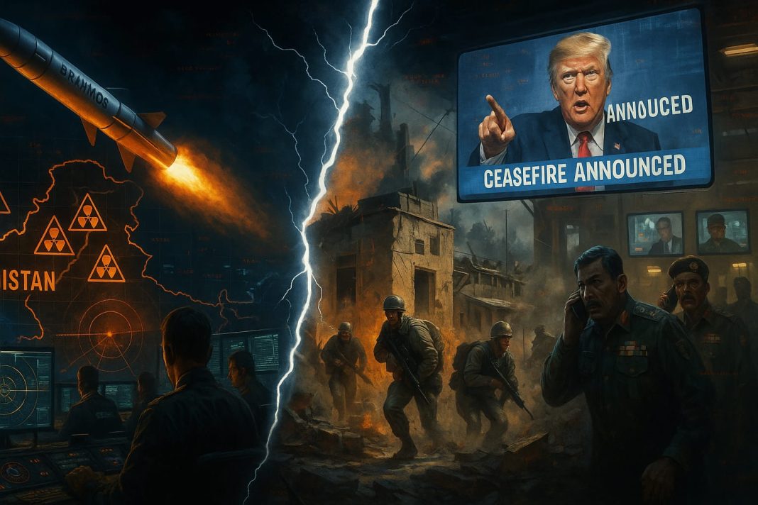 A digitally painted scene in a 16:9 aspect ratio depicts a symbolic geopolitical standoff. On the left, Indian Prime Minister Narendra Modi stands confidently, dressed in a cream kurta with a saffron stole. Behind him, Bharat Mata is shown as a glowing figure holding a laptop in one hand and a missile in the other, with additional elements like an ISRO rocket, a Rafale jet, Indian farmers, and the Statue of Unity surrounding them, all illuminated in warm saffron tones. On the right, former U.S. President Donald Trump stands in a dark suit and red tie, accompanied by a large bald eagle clutching dollar bills and defense contracts. Behind Trump, shadowy figures labeled 