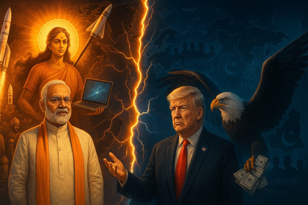 A digitally painted scene in a 16:9 aspect ratio depicts a symbolic geopolitical standoff. On the left, Indian Prime Minister Narendra Modi stands confidently, dressed in a cream kurta with a saffron stole. Behind him, Bharat Mata is shown as a glowing figure holding a laptop in one hand and a missile in the other, with additional elements like an ISRO rocket, a Rafale jet, Indian farmers, and the Statue of Unity surrounding them, all illuminated in warm saffron tones. On the right, former U.S. President Donald Trump stands in a dark suit and red tie, accompanied by a large bald eagle clutching dollar bills and defense contracts. Behind Trump, shadowy figures labeled 